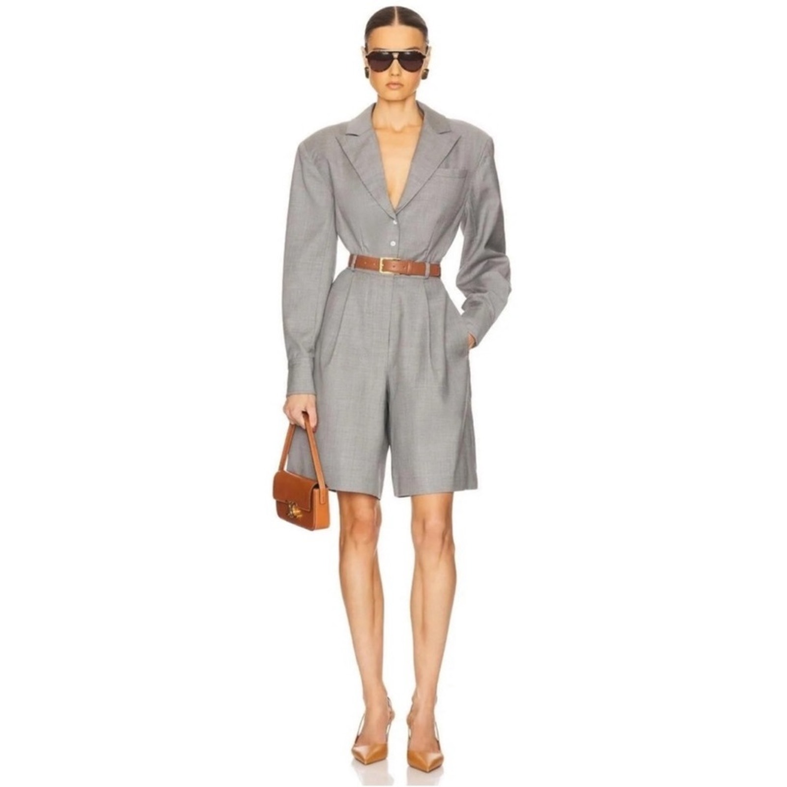Helsa Tailored Wool Blazer Pleated Long Sleeve Gray Playsuit Romper Size Large